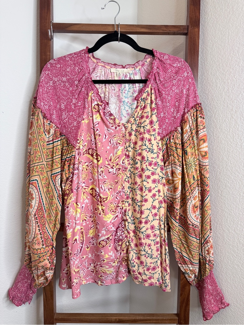 Oli & Hali Patchwork Paisley Floral Boho Balloon Sleeve Blouse M